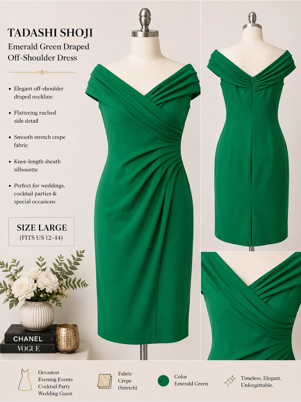 Tadashi Shoji Emerald Green Off-Shoulder Draped Sheath Dress
